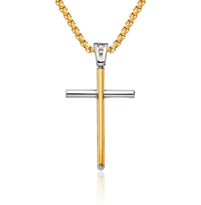 14K Solid Two Tone Gold Latin Mexican Holy Cross Necklace Religious Chain Pendant Jesus Christ Charm