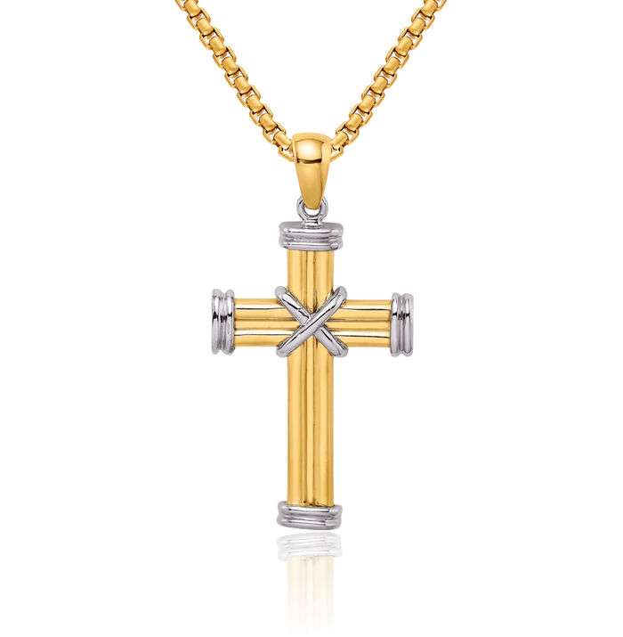 14K Solid Two Tone Gold Holy Cross Necklace Religious Chain Pendant Jesus Christ Charm