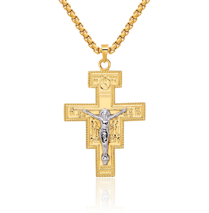 14K Solid Two Tone Gold Holy Cross Necklace Religious Chain Pendant Jesus Christ Charm