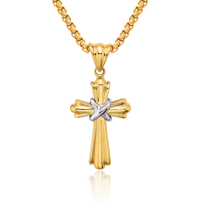 14K Solid Two Tone Gold Holy Cross Necklace Religious Chain Pendant Jesus Christ Charm