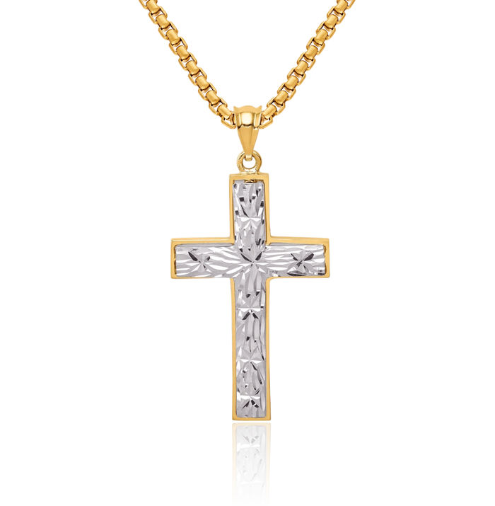 14K Solid Two Tone Gold Holy Cross Necklace Religious Chain Pendant Jesus Christ Charm