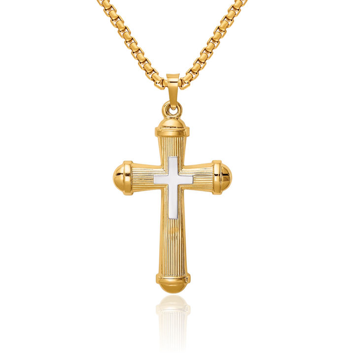 14K Solid Two Tone Gold Holy Cross Necklace Religious Chain Pendant Jesus Christ Charm