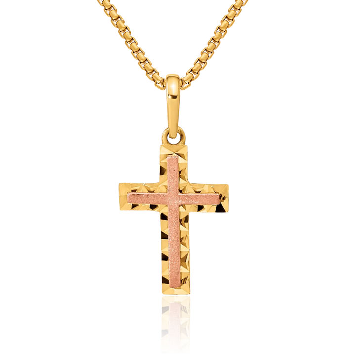 14K Solid Two Tone Gold Latin Mexican Holy Cross Necklace Religious Chain Pendant Jesus Christ Charm