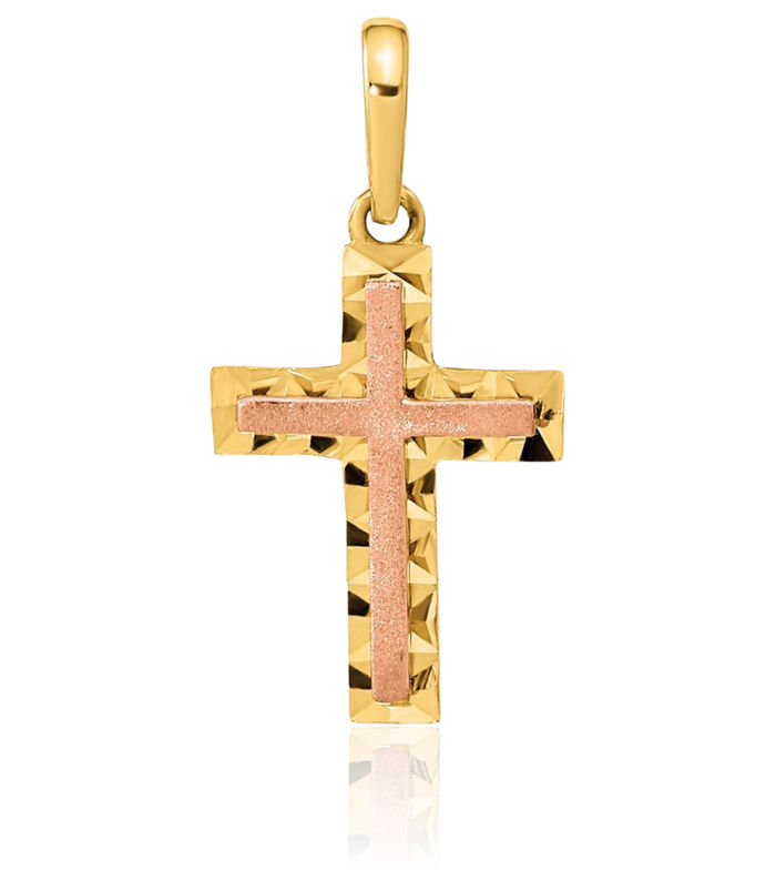 14K Solid Two Tone Gold Latin Mexican Holy Cross Necklace Religious Chain Pendant Jesus Christ Charm