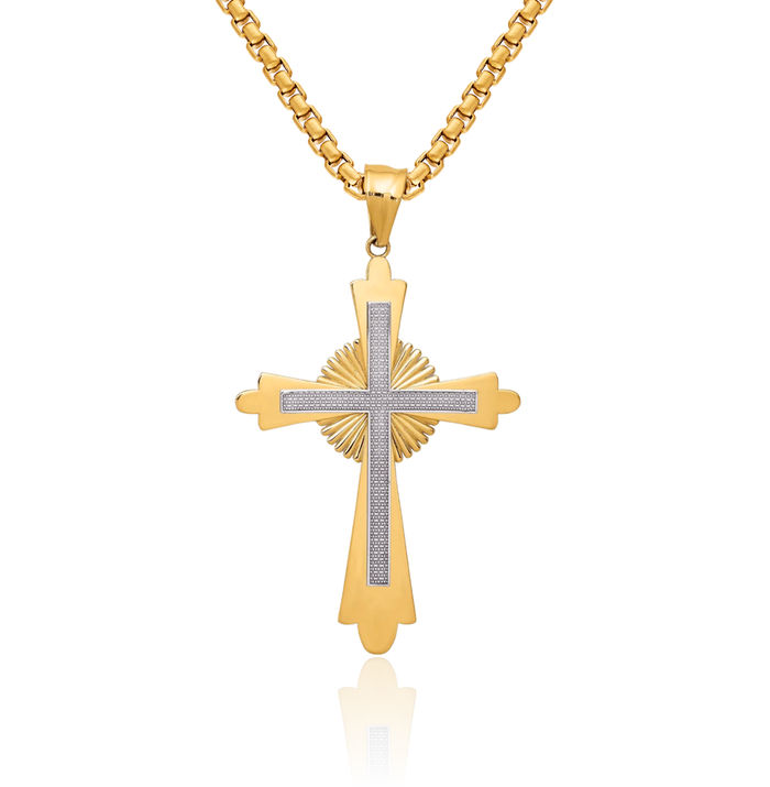 14K Solid Two Tone Gold Holy Cross Necklace Religious Chain Pendant Jesus Christ Charm