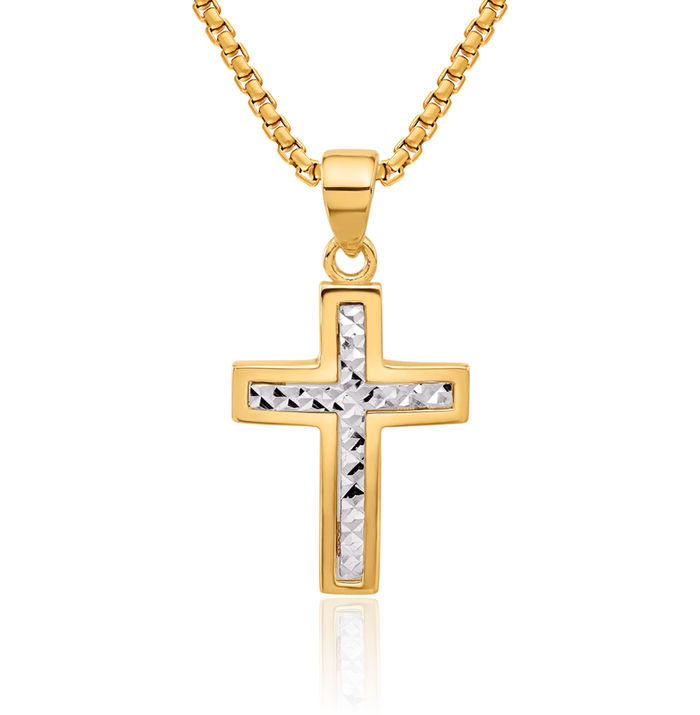 14K Solid Two Tone Gold Latin Mexican Holy Cross Necklace Religious Chain Pendant Jesus Christ Charm