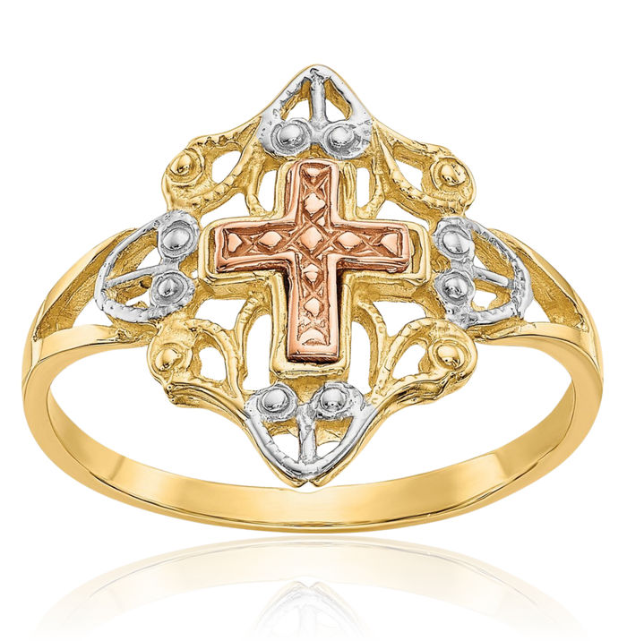 14K Solid Two Tone Gold White Holy Cross Ring Christian Religious Band