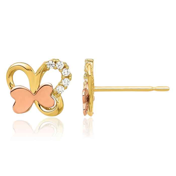 14K Solid Two Tone Gold Cubic Zirconia CZ Butterfly Wings Stud Earrings