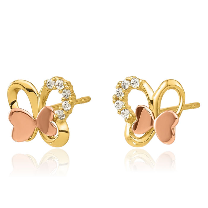 14K Solid Two Tone Gold Cubic Zirconia CZ Butterfly Wings Stud Earrings