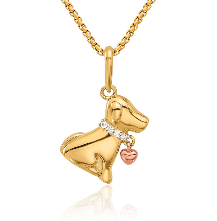 14K Solid Two Tone Gold Cubic Zirconia CZ Dog Heart Dangling Necklace Chain Pendant Charm