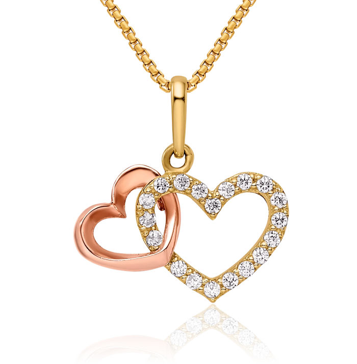 14K Solid Two Tone Gold Cubic Zirconia CZ Heart Necklace Love Pendant Charm