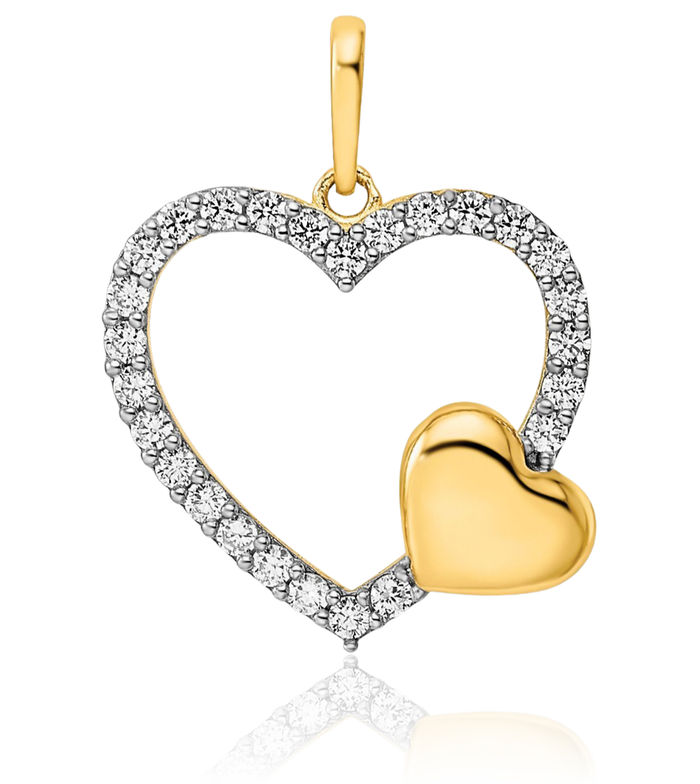 14K Solid Two Tone Yellow White Gold Cubic Zirconia CZ Heart Necklace Love Pendant Charm