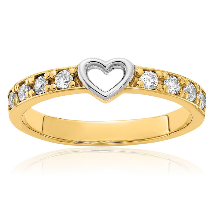 14K Solid Two Tone Yellow White Gold Cubic Zirconia CZ Heart Ring Love Band