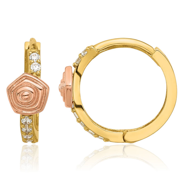 14K Solid Two Tone Gold Cubic Zirconia CZ Huggie Small Hoop Earrings