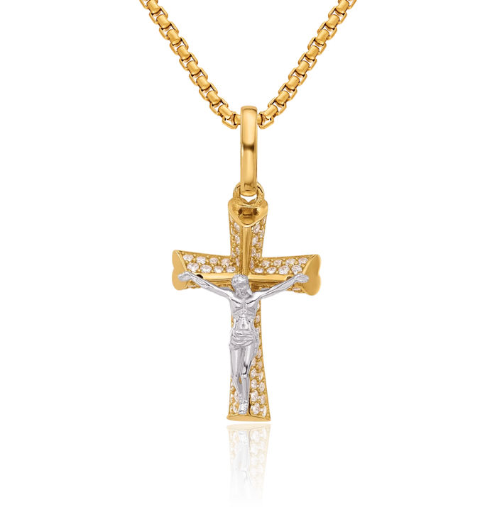 14K Solid Two Tone Gold White Cubic Zirconia CZ Lord Jesus Christ Crucifix Holy Cross Heart Necklace Religious Chain Pendant Charm