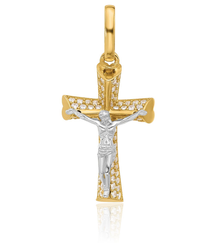 14K Solid Two Tone Gold White Cubic Zirconia CZ Lord Jesus Christ Crucifix Holy Cross Heart Necklace Religious Chain Pendant Charm