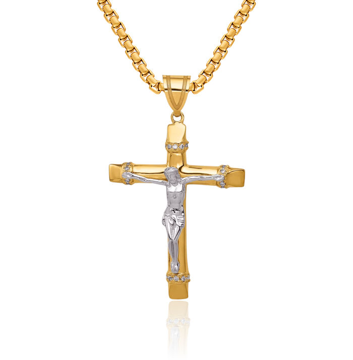 14K Solid Two Tone Gold Cubic Zirconia CZ Lord Jesus Christ Crucifix Holy Cross Necklace Religious Chain Pendant Charm