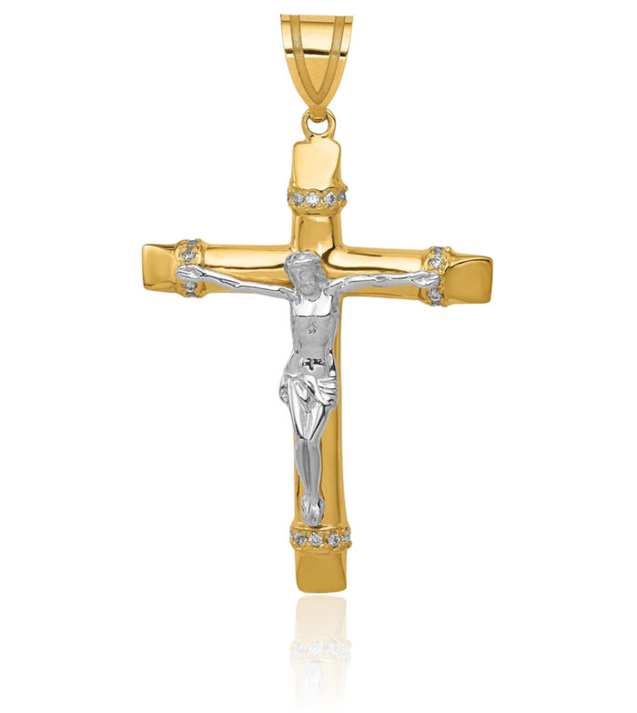 14K Solid Two Tone Gold Cubic Zirconia CZ Lord Jesus Christ Crucifix Holy Cross Necklace Religious Chain Pendant Charm