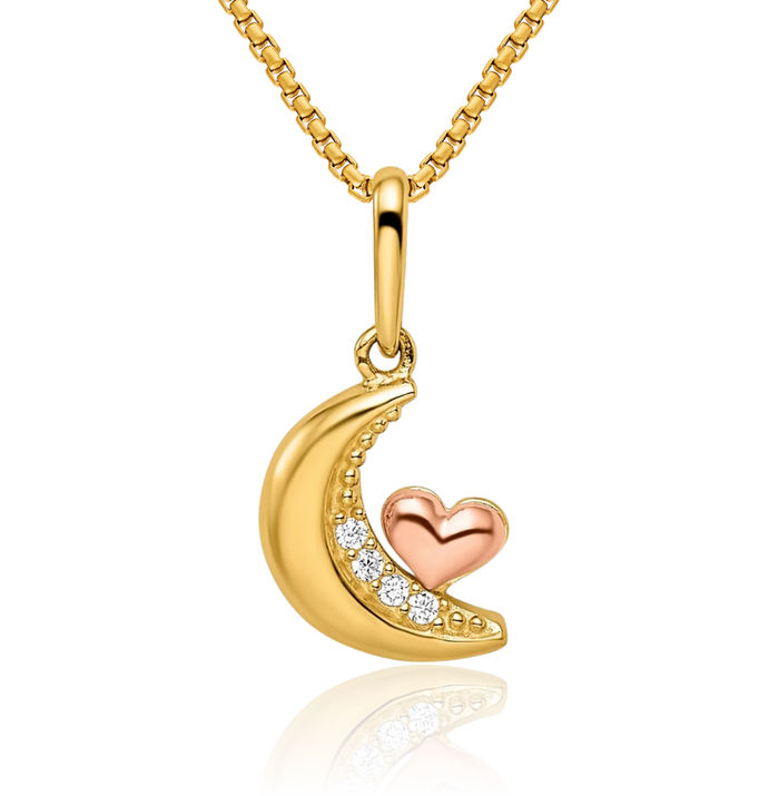 14K Solid Two Tone Gold Cubic Zirconia CZ Crescent Moon Heart Necklace Love Pendant Charm