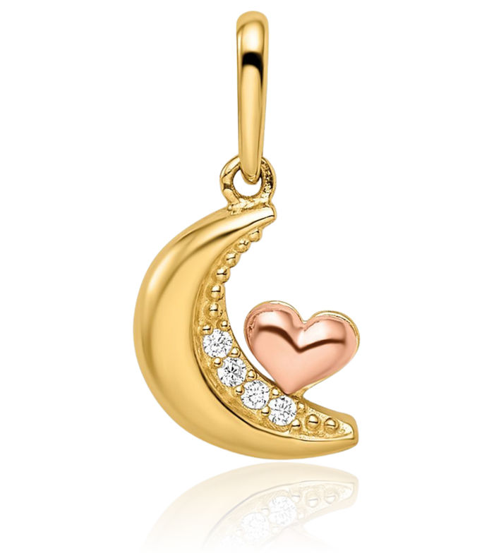 14K Solid Two Tone Gold Cubic Zirconia CZ Crescent Moon Heart Necklace Love Pendant Charm