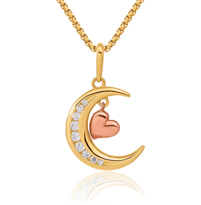 14K Solid Two Tone Gold Cubic Zirconia CZ Crescent Moon Heart Necklace Love Pendant Charm