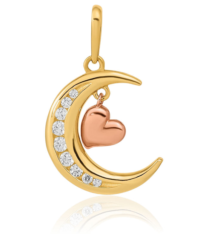 14K Solid Two Tone Gold Cubic Zirconia CZ Crescent Moon Heart Necklace Love Pendant Charm