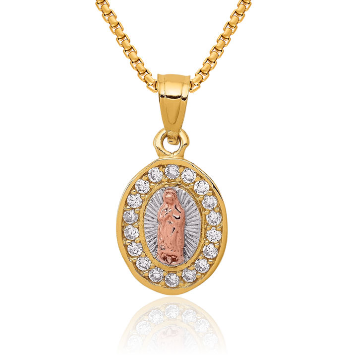 14K Solid Two Tone Gold White Cubic Zirconia CZ Our Lady of Guadalupe Virgin Mary Necklace Virgencita Maria Rosa Pendant Catholic Christian Holy Mother Medallion Charm