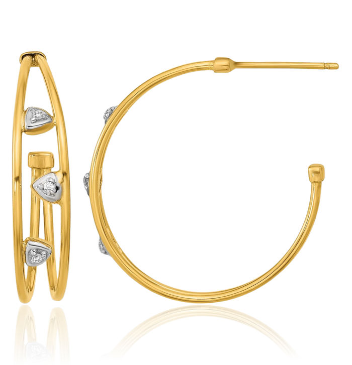 14K Solid Two Tone Yellow White Gold Cubic Zirconia CZ Post Hoop Earrings