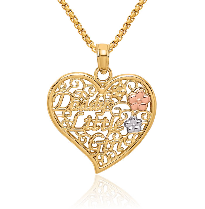 14K Solid Two Tone Gold White Daddys Little Girl Antique Filigree Heart Necklace Love Pendant Charm