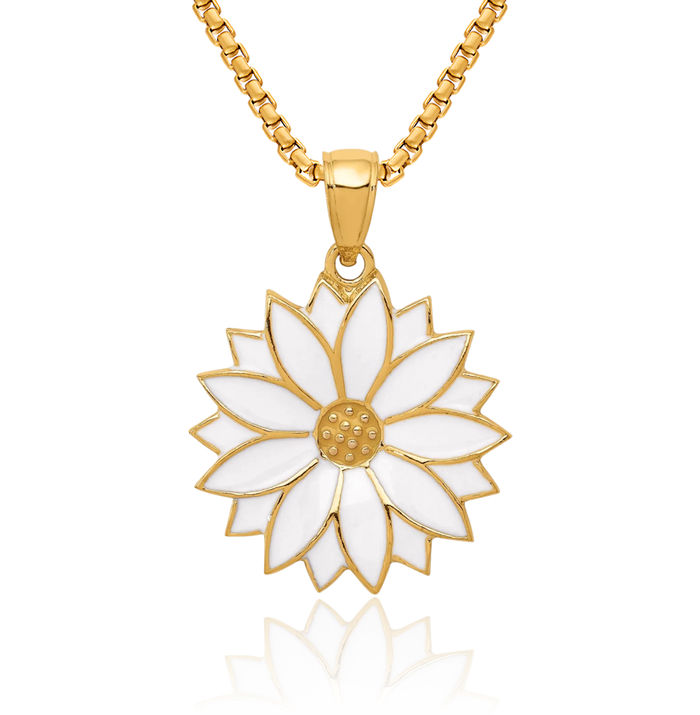 14K Solid Two Tone Yellow White Gold Daisy Flower Necklace Chain Pendant Charm