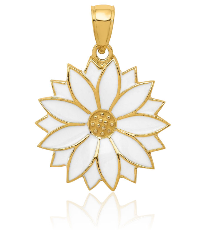 14K Solid Two Tone Yellow White Gold Daisy Flower Necklace Chain Pendant Charm