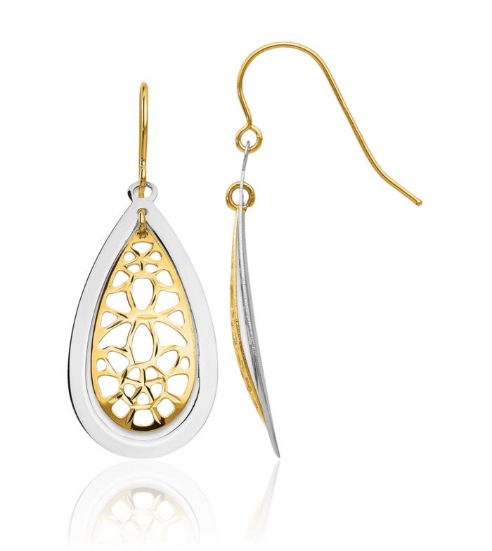 14K Solid Two Tone Gold Drop Dangle Earrings