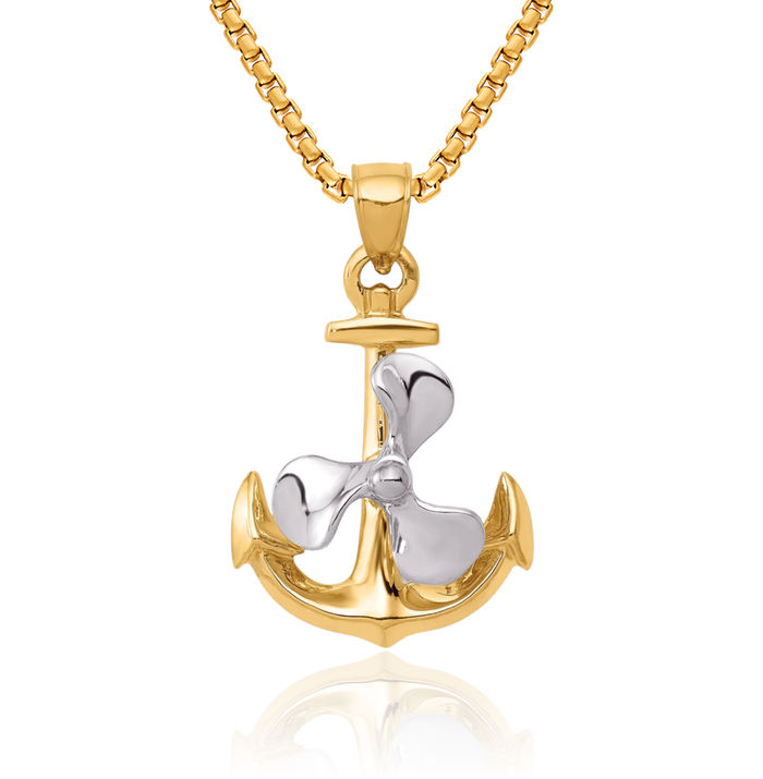 14K Solid Two Tone Gold Dangling Anchor Mariner Fishing Boat Propeller Necklace Nautical Charm Pendant