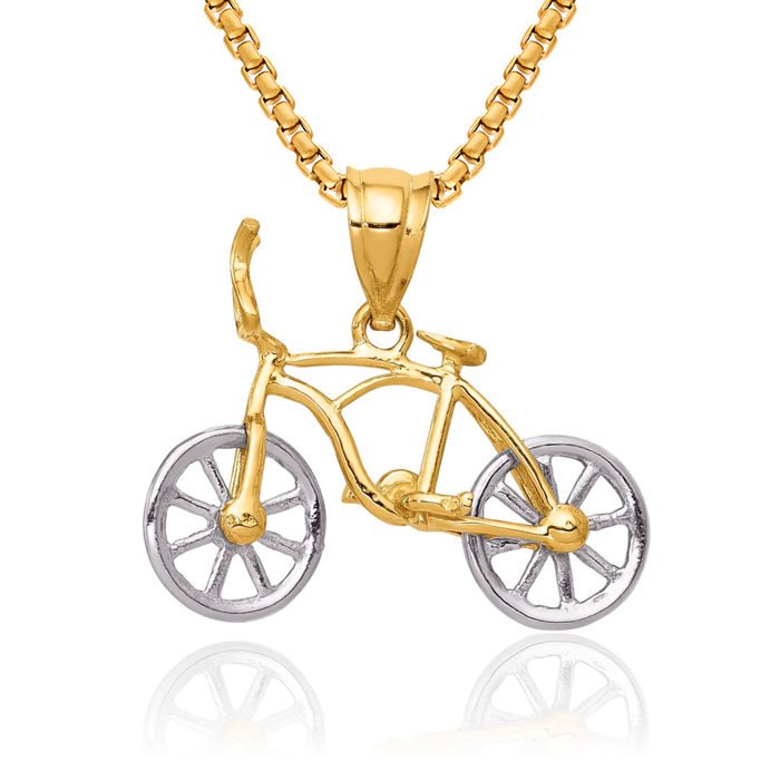 14K Solid Two Tone Gold Dangling Bicycle Bike Necklace Chain Pendant Charm