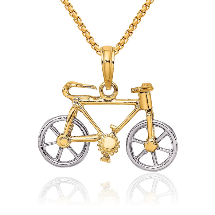 14K Solid Two Tone Gold Dangling Bicycle Bike Tires Necklace Chain Pendant Charm