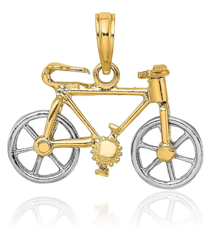 14K Solid Two Tone Gold Dangling Bicycle Bike Tires Necklace Chain Pendant Charm