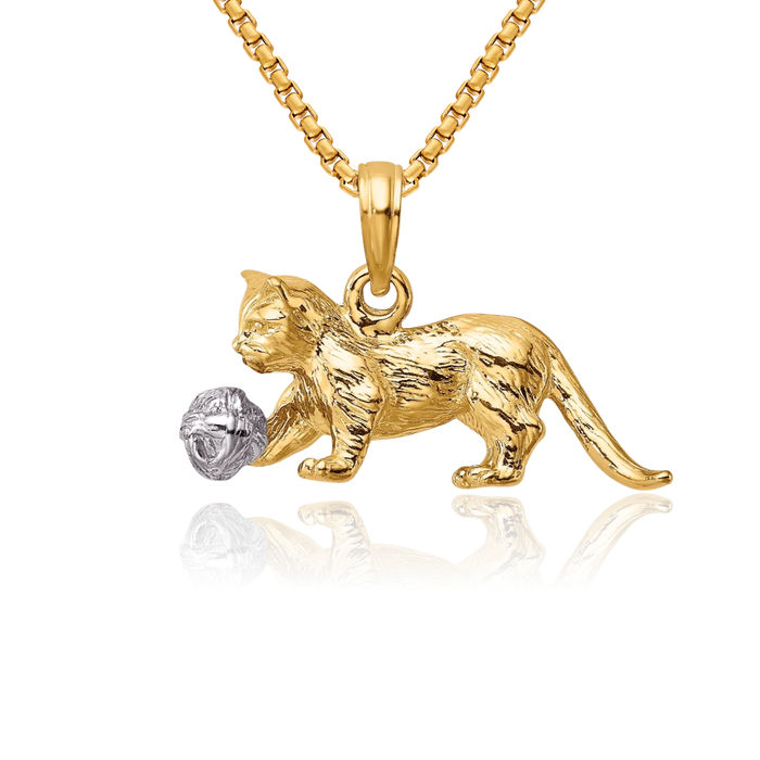 14K Solid Two Tone Gold Dangling Cat Ball Necklace Chain Pendant Charm