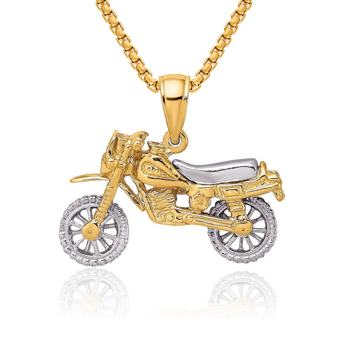 14K Solid Two Tone Gold Dangling Dirt Bike Motorcycle Necklace Chain Pendant Charm