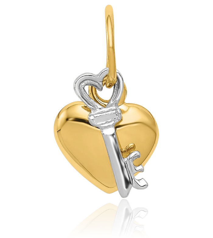 14K Solid Two Tone Gold Dangling Key Heart Lock Necklace Chain Pendant Charm