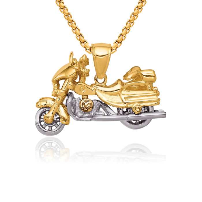 14K Solid Two Tone Gold Dangling Motorcycle Bike Necklace Chain Pendant Charm