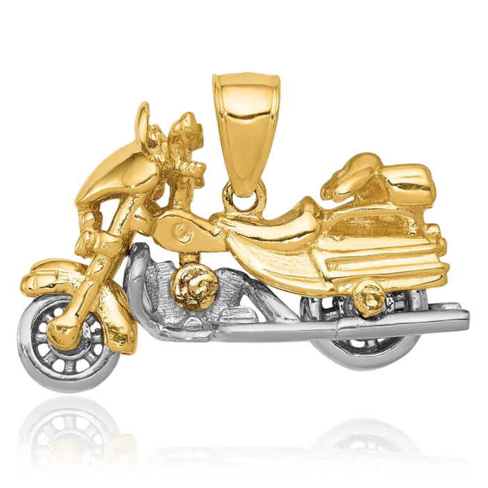 14K Solid Two Tone Gold Dangling Motorcycle Bike Necklace Chain Pendant Charm