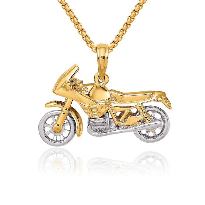 14K Solid Two Tone Gold Dangling Motorcycle Bike Necklace Chain Pendant Charm