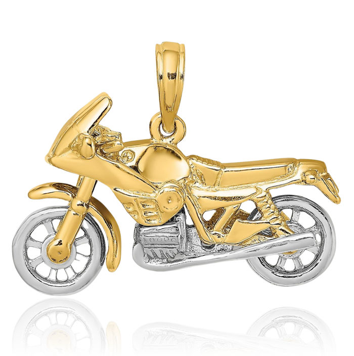 14K Solid Two Tone Gold Dangling Motorcycle Bike Necklace Chain Pendant Charm