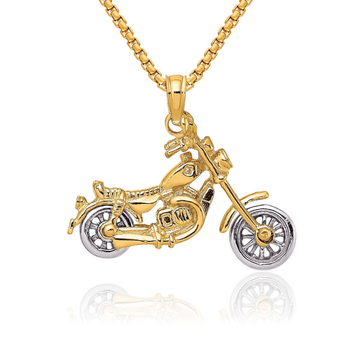 14K Solid Two Tone Gold Dangling Motorcycle Bike Necklace Chain Pendant Charm