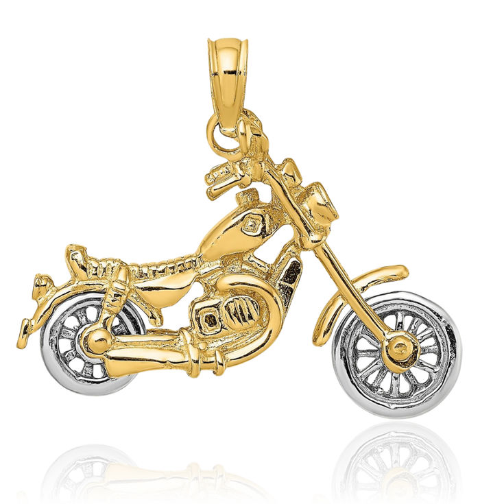 14K Solid Two Tone Gold Dangling Motorcycle Bike Necklace Chain Pendant Charm