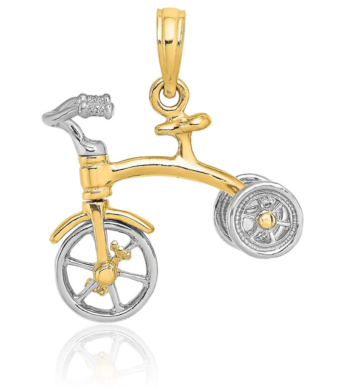 14K Solid Two Tone Gold Dangling Tricycle Handlebars Wheels Necklace Chain Pendant Charm