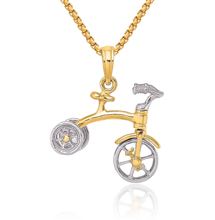 14K Solid Two Tone Gold Dangling Tricycle Handlebars Wheels Necklace Chain Pendant Charm