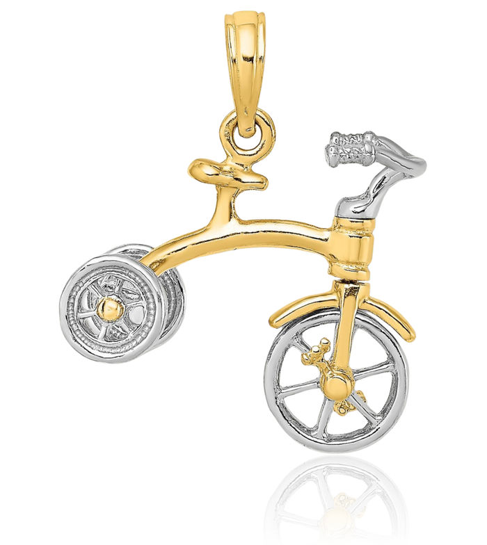 14K Solid Two Tone Gold Dangling Tricycle Handlebars Wheels Necklace Chain Pendant Charm