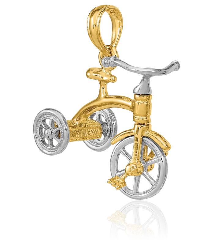 14K Solid Two Tone Gold Dangling Tricycle Handlebars Wheels Necklace Chain Pendant Charm