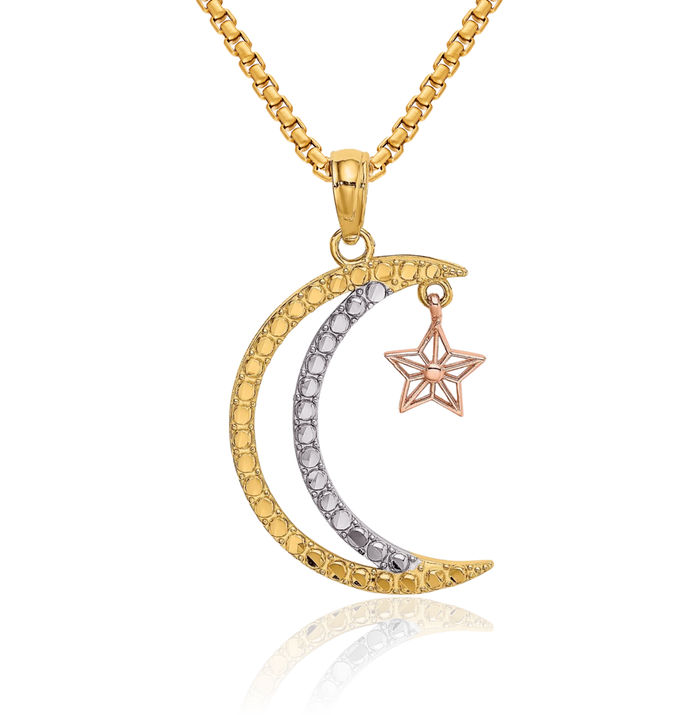 14K Solid Two Tone Gold Dangling White Crescent Moon Star Necklace Chain Pendant Charm Celestial Jewelry